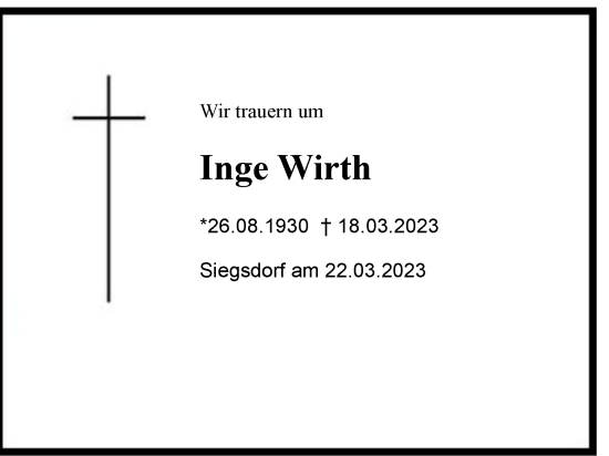Traueranzeige von Inge Wirth von Region Chiemgau