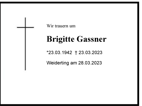 Traueranzeige von Brigitte Gassner von Region Chiemgau