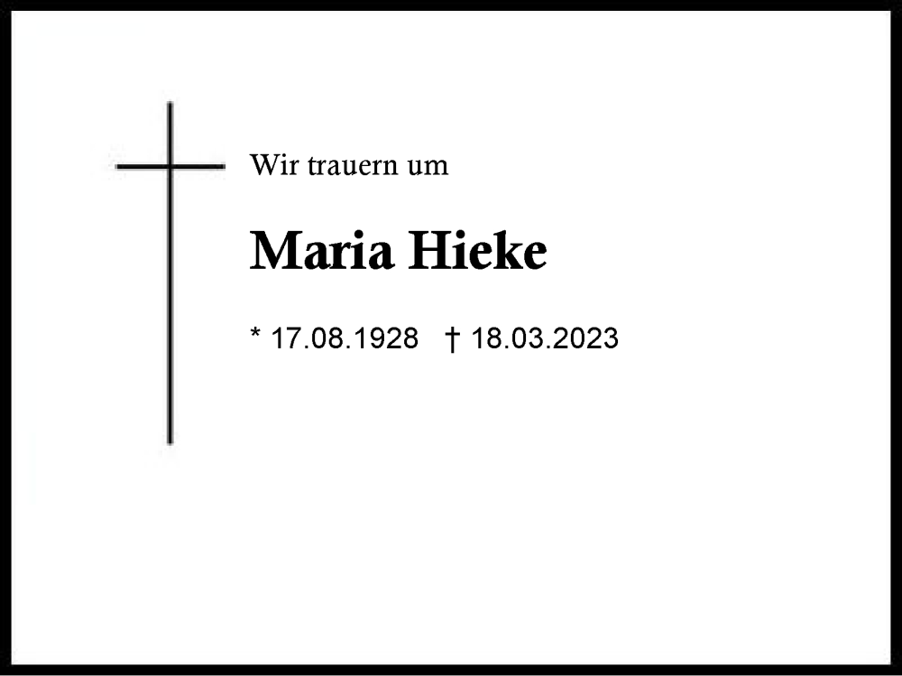  Traueranzeige für Maria Hieke vom 25.03.2023 aus Region Chiemgau