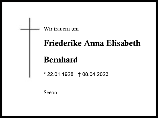 Traueranzeige von Friederike Anna Elisabeth Bernhard von Traunstein