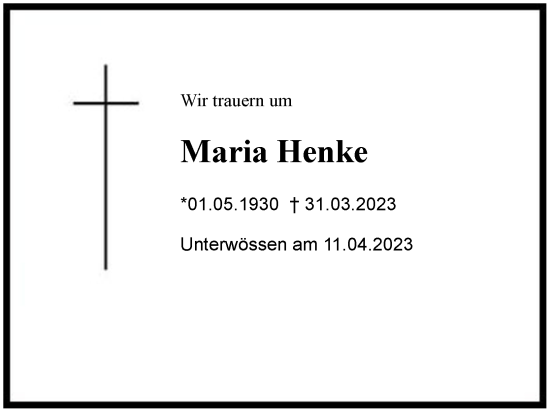 Traueranzeige von Maria Henke von Region Chiemgau