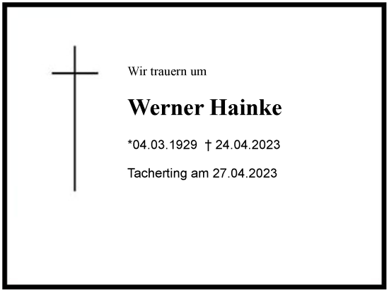 Traueranzeige von Werner Hainke von Region Chiemgau