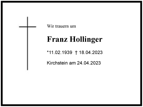 Traueranzeige von Franz Hollinger von Region Chiemgau