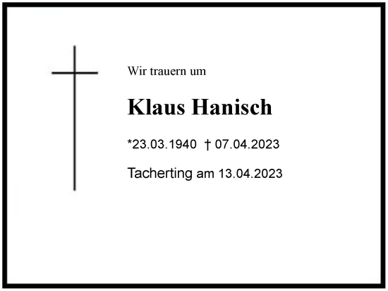 Traueranzeige von Klaus Hanisch von Region Chiemgau