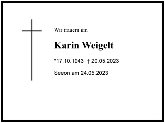 Traueranzeige von Karin Weigelt von Region Chiemgau