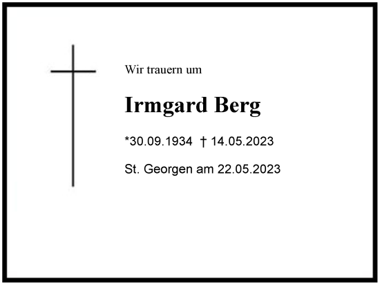 Traueranzeige von Irmgard Berg von Region Chiemgau