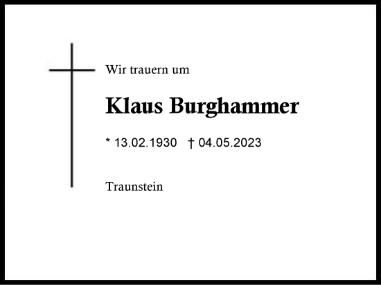 Traueranzeige von Klaus Burghammer von Region Chiemgau