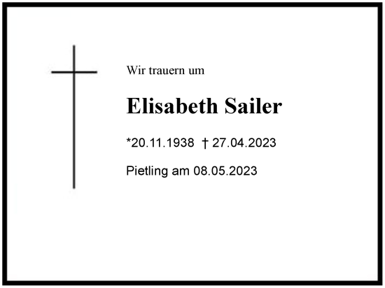 Traueranzeige von Elisabeth Sailer von Region Chiemgau