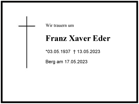 Traueranzeige von Franz Xaver Eder von Region Chiemgau