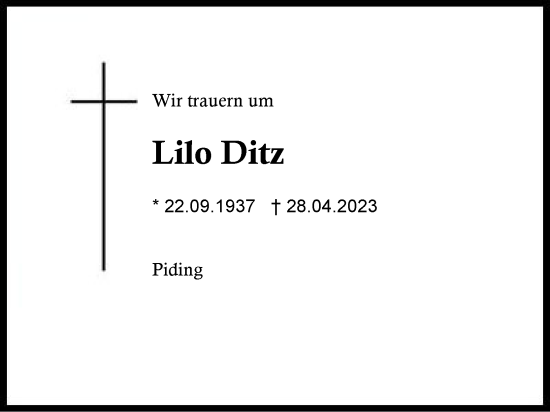 Traueranzeige von Lilo Ditz von Region Berchtesgadener Land