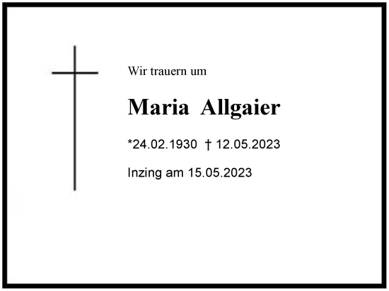 Traueranzeige von Maria Allgaier von Chiemgau