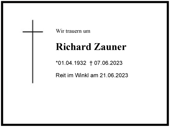 Traueranzeige von Richard Zauner von Region Chiemgau