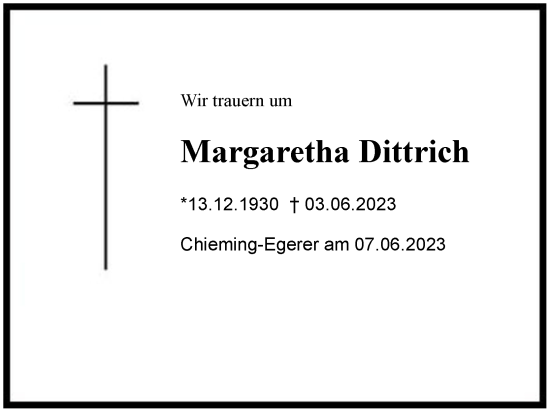 Traueranzeige von Margaretha Dittrich von Region Chiemgau