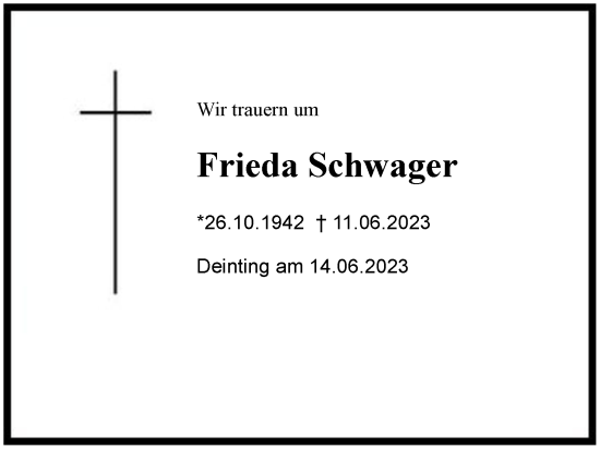 Traueranzeige von Frieda Schwager von Region Chiemgau