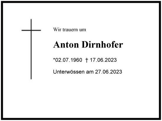 Traueranzeige von Anton Dirnhofer von Region Chiemgau