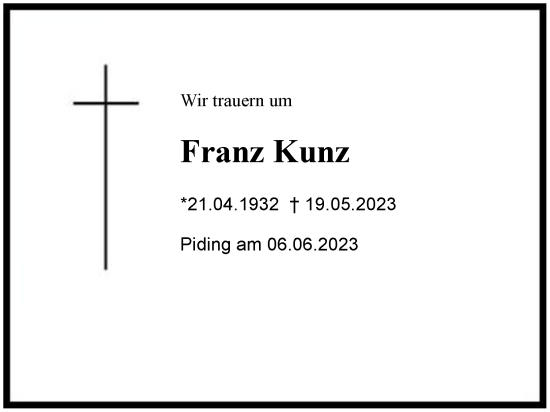 Traueranzeige von Franz Kunz von Berchtesgaden