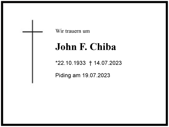 Traueranzeige von John F. Chiba von Berchtesgaden