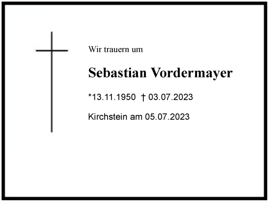 Traueranzeige von Sebastian Vordermayer von Region Chiemgau