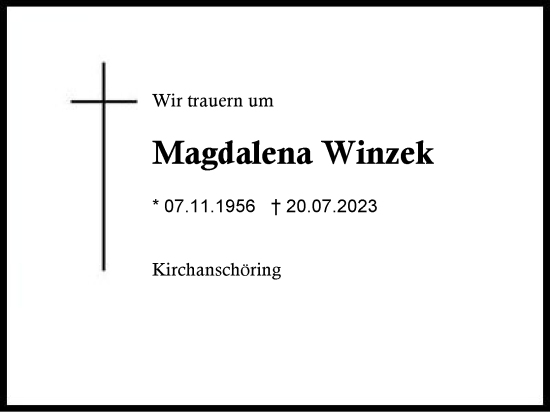 Traueranzeige von Magdalena Winzek von Traunstein