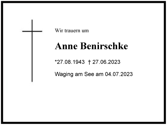 Traueranzeige von Anne Benirschke von Region Chiemgau