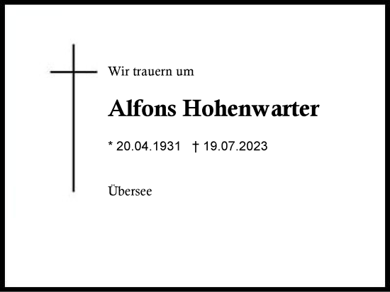 Traueranzeige von Alfons Hohenwarter von Region Chiemgau