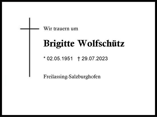 Traueranzeige von Brigitte Wolfschütz von Region Berchtesgadener Land