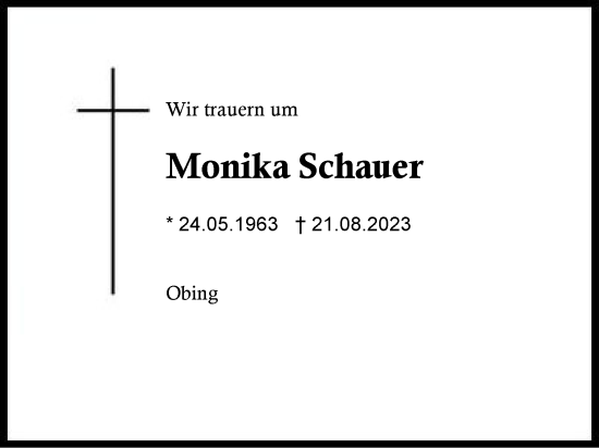 Traueranzeige von Monika Schauer von Traunstein