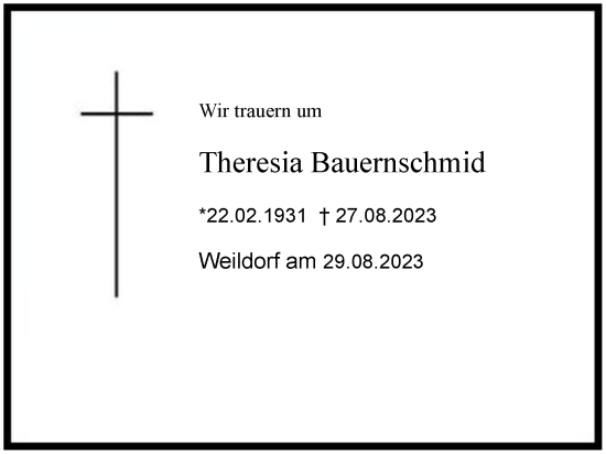 Traueranzeige von Theresia Bauernschmid 