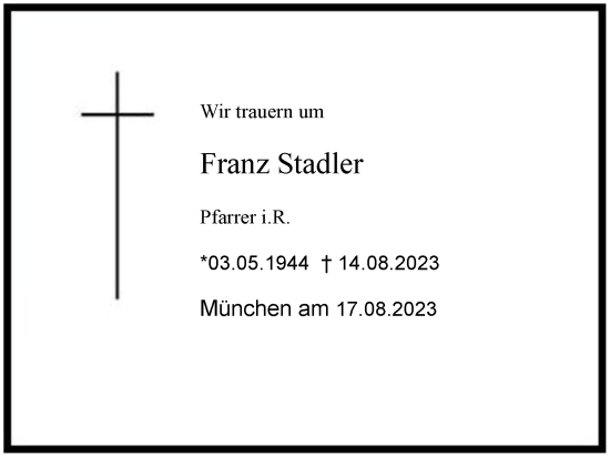 Traueranzeige von Franz Stadler 