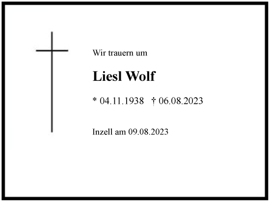 Traueranzeige von Liesl Wolf von Region Chiemgau