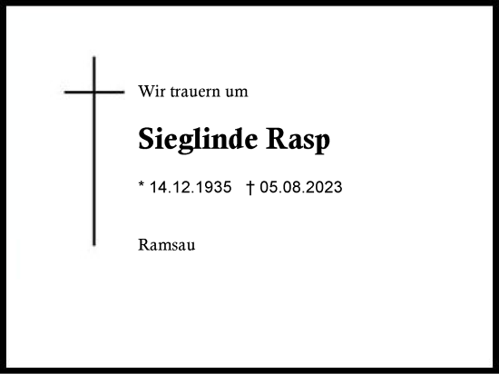 Traueranzeige von Sieglinde Rasp von Region Chiemgau