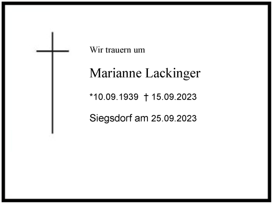 Traueranzeige von Marianne Lackinger 