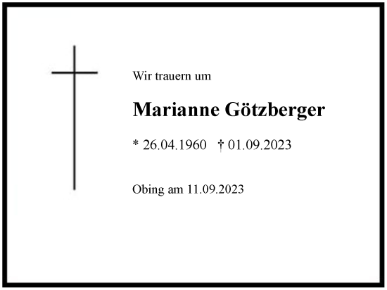 Traueranzeige von Marianne Götzberger von Region Chiemgau