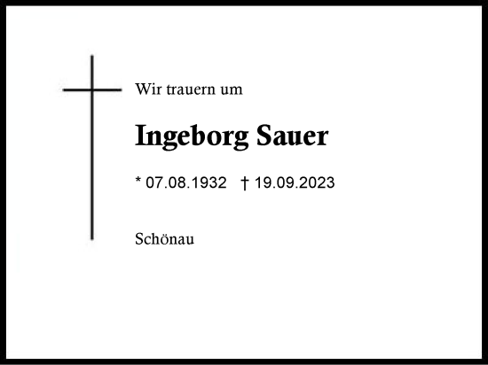 Traueranzeige von Ingeborg Sauer von Region Chiemgau