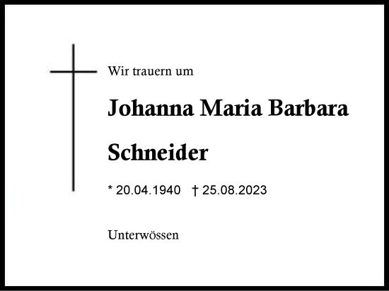 Traueranzeige von Johanna Maria Barbara Schneider von Region Chiemgau