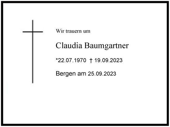 Traueranzeige von Claudia Baumgartner 