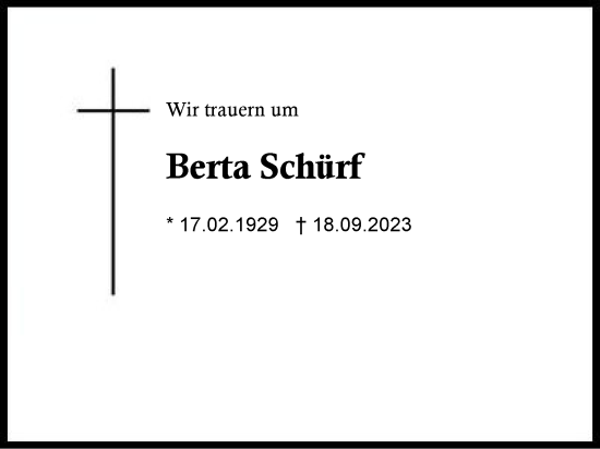 Traueranzeige von Berta Schürf von Region Chiemgau