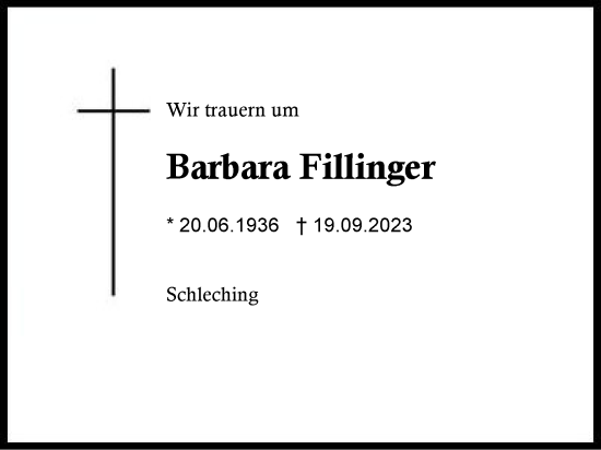 Traueranzeige von Barbara Fillinger von Region Chiemgau