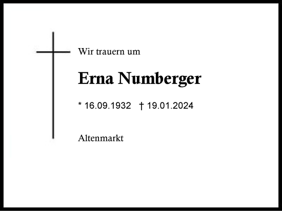 Traueranzeige von Erna Numberger von Traunstein