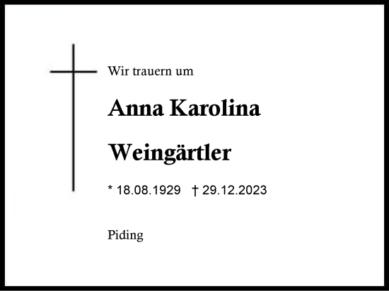 Traueranzeige von Anna Karolina Weingärtler von Region Berchtesgadener Land