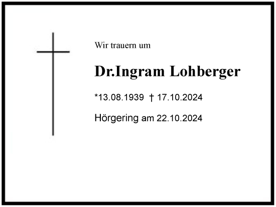 Traueranzeige von Dr. Ingram Lohberger von Region Chiemgau