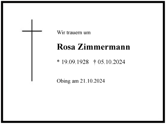 Traueranzeige von Rosa Zimmermann von Region Chiemgau