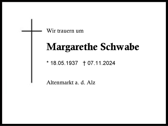 Traueranzeige von Margarethe Schwabe von Traunstein