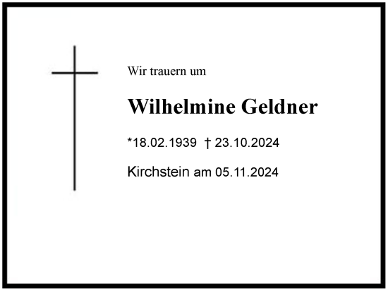 Traueranzeige von Wilhelmine Geldner von Region Chiemgau