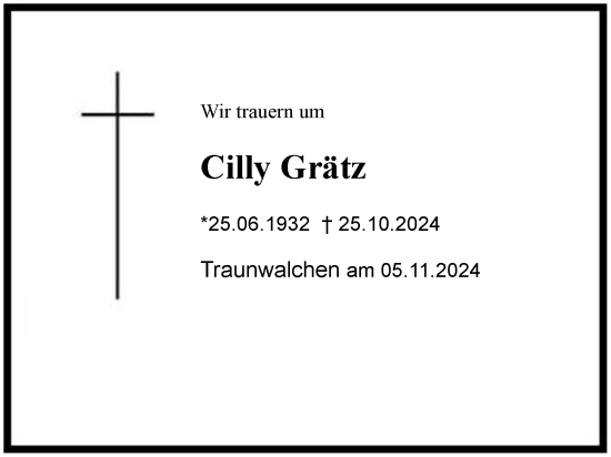 Traueranzeige von Cilly Grätz von Region Chiemgau