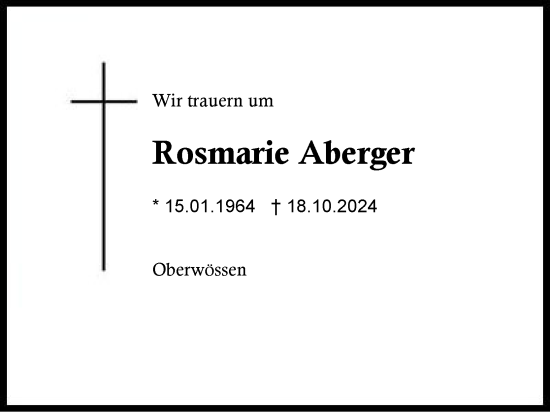 Traueranzeige von Rosmarie Aberger von Region Chiemgau