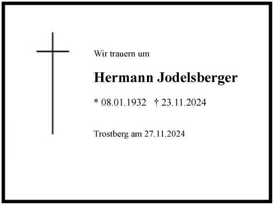 Traueranzeige von Hermann Jodelsberger von Region Chiemgau