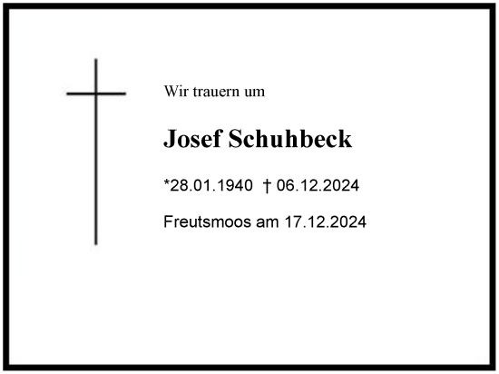 Traueranzeige von Josef Schuhbäck von Region Chiemgau