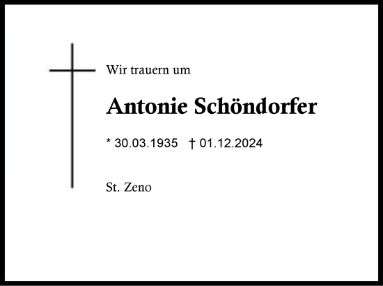 Traueranzeige von Antonie Schöndorfer von Region Berchtesgadener Land