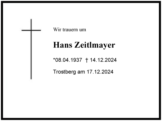 Traueranzeige von Hans Zeitlmayr von Region Chiemgau